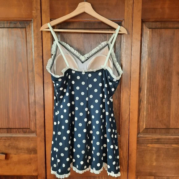 Bettie Page Retro Polka Dot Ruffle Trim One Piece Swim Dress Navy Blue Size 16W - Picture 9 of 16